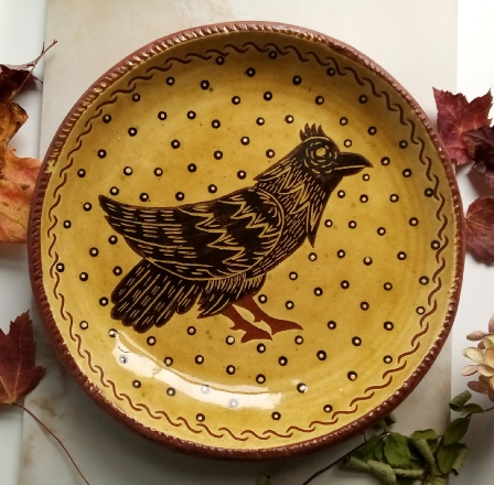 redware plate, black bird