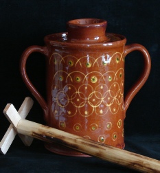 redware butter churn and wooden dasher