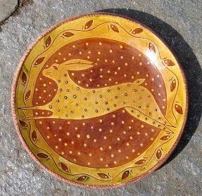 redware plate, leaping hare