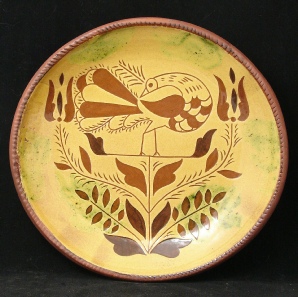 redware plate, peacock with leaves
