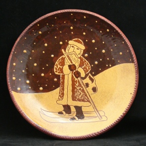 redware plate, santa on skis