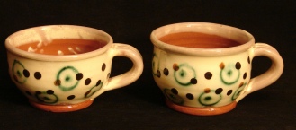 redware soup bowls with handles, back