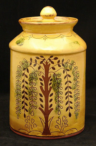 10 inch redware jar, tree of life with flowers