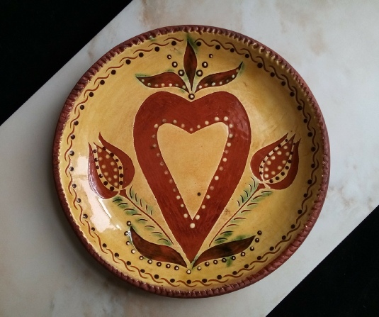 redware plate, heart, tulips and leaves