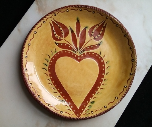 redware plate, heart and tulips