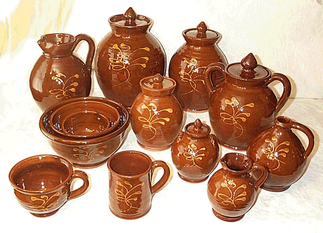 Gold on Red Feather Pattern Redware