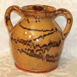 Black on Gold Marbled Redware Bean Pot