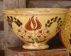 redware fruit bowl, tulips and flowers
