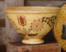 redware fruit bowl, tulips and flowers, side